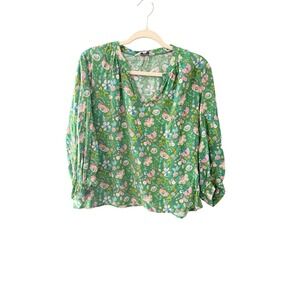 Brora Green Floral Viscose V-Neck Blouse Long Sleeve High-Low Hem Size 16 Summer
